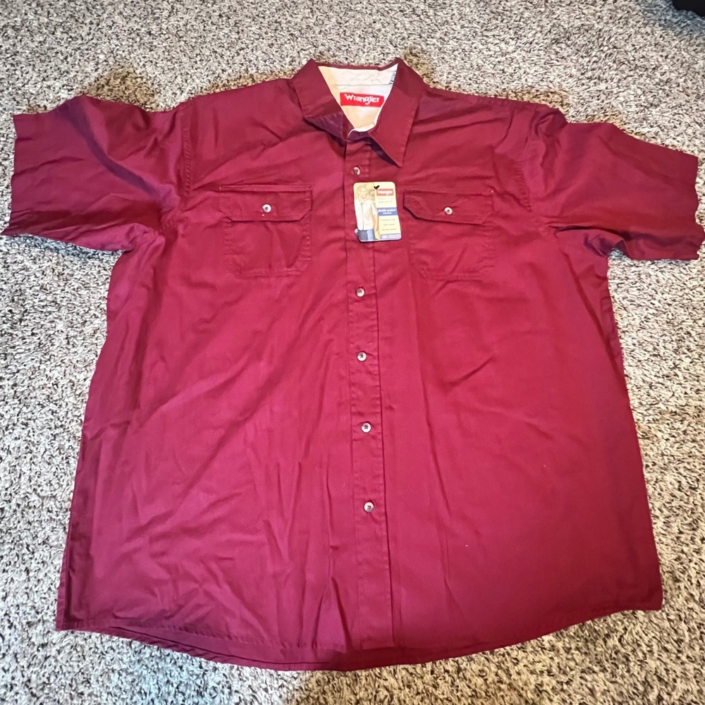 Wrangler Mens 2XL Burgundy Red Short Sleeve Double Pocket Button Down Shirt NEW